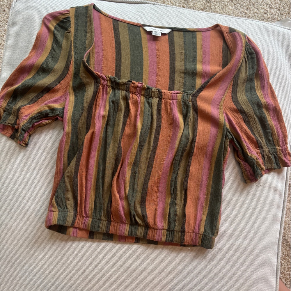 American Eagle Outfitters Orange and Pink Puff Sleeve Crop Blouse